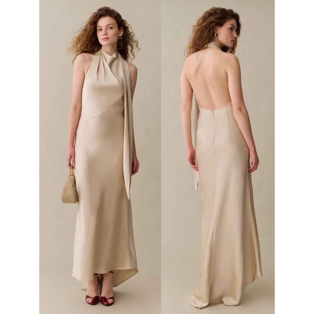 NWT o.p.t Irena Scarf Detail Satin Maxi Dress in Champagne - Size 4